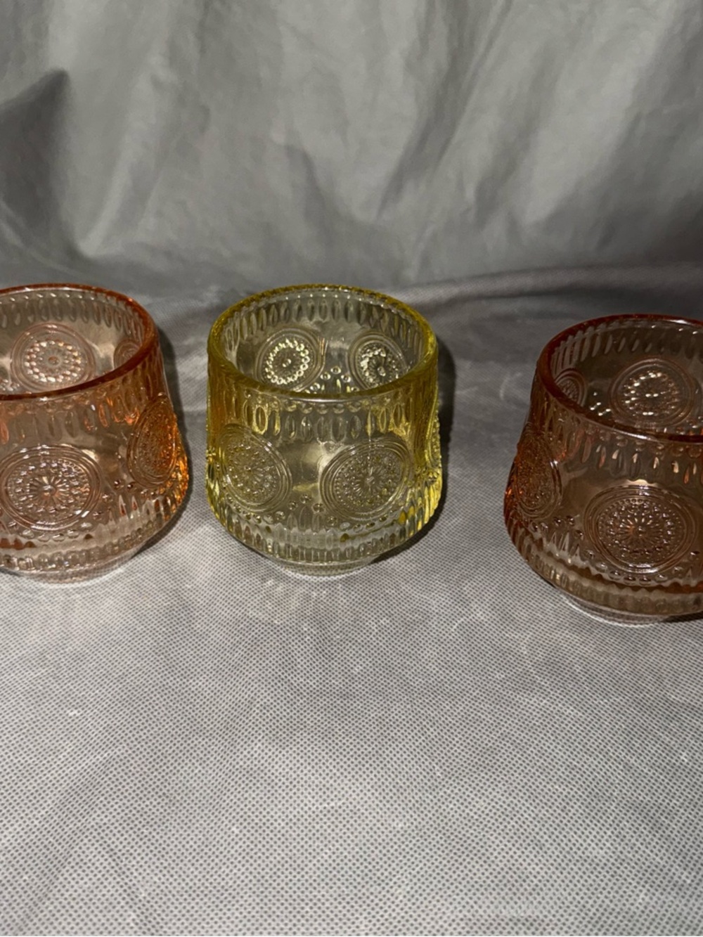 Set of 3 Glass Holders Mugs Trinkets Candles Amber Yellow Boho